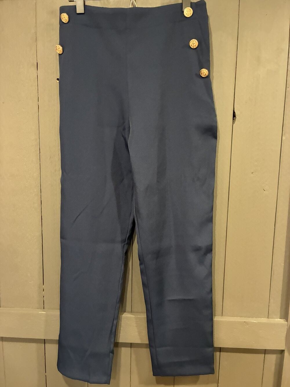 NWT Lulus Women's Large Navy High Waist Gold Button Sailor Wide-Leg Pants